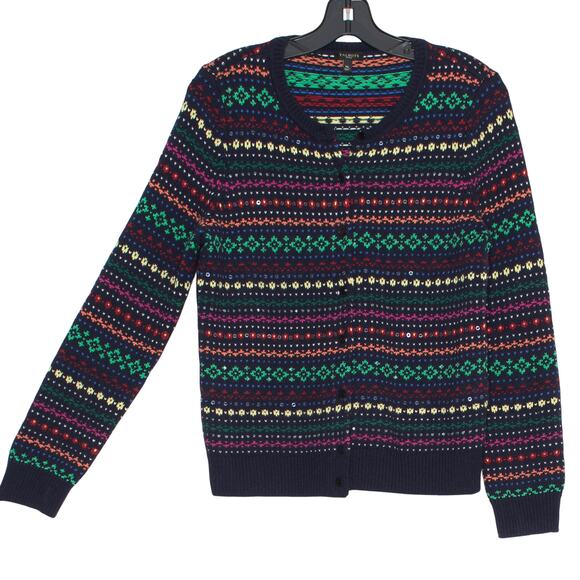 Talbots Cardigan Sweater Lambswool Fair Isle Nordic Preppy Cozy Sequin Navy PM - Picture 5 of 6